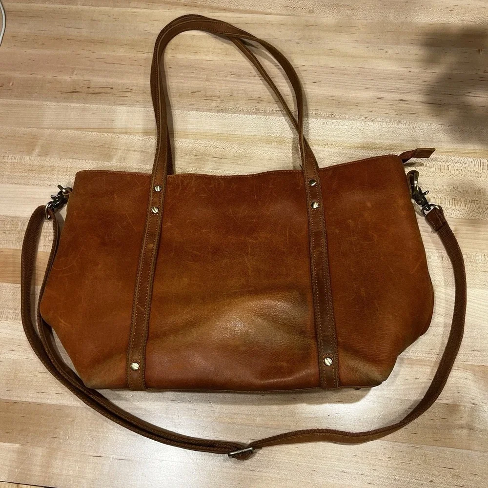 Szone Brown Cowhide Leather Tote Bag, Zipper Closure, Dual Strap, Large Size
